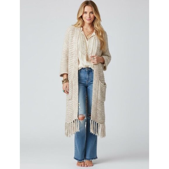 Abercrombie & Fitch Boho Whimsy Festival Loose Knit Fringe Cardigan Beige S/M - Picture 3 of 11